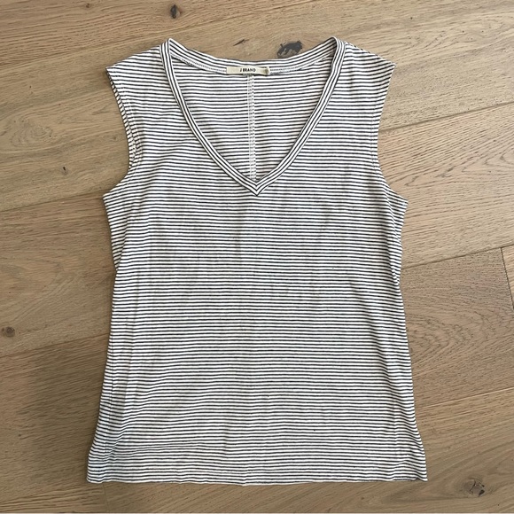 J Brand White Navy Striped V-Neck Tank Top - Picture 1 of 8